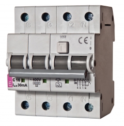 Диференційний автоматичний вимикач ETI KZS-4M, 4р, 10А, 100mA тип А кат.С